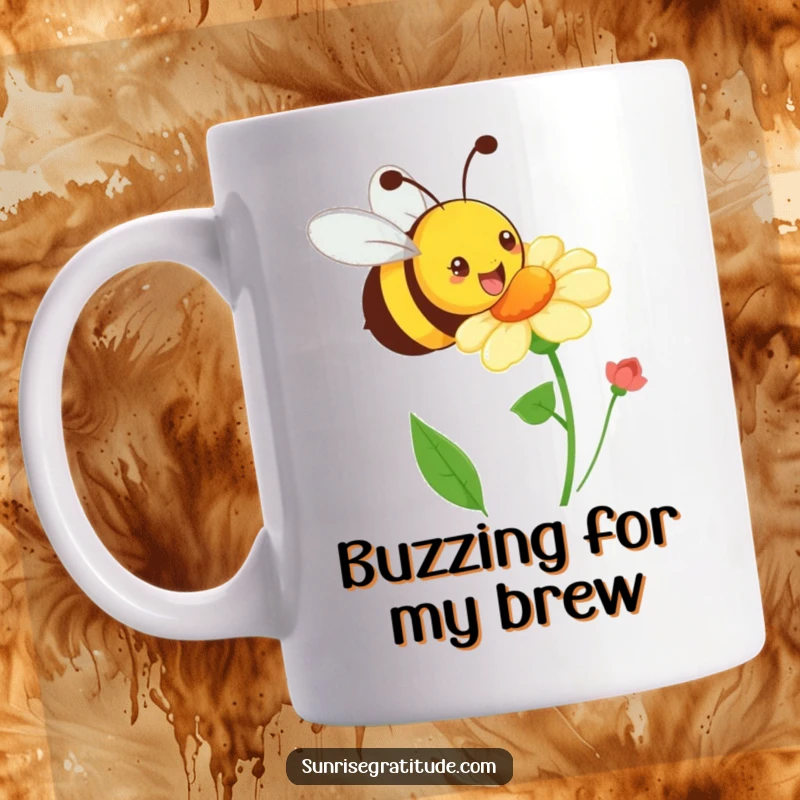 Funny playful bee mug, buzzing happily towards a blooming flower, symbolizing joy and nature's bounty. A charming and humorous gift.