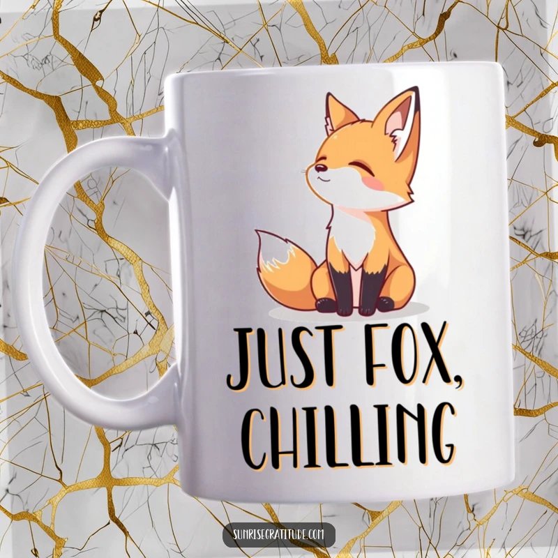 Funny mug featuring a serene fox peacefully gazing at a vibrant horizon, embodying calm and contemplation.