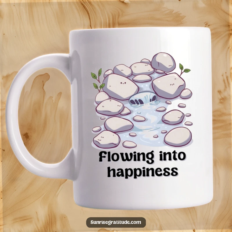 Funny Stream Mug: A happy little stream bubbles merrily over smooth stones, bringing peaceful humor.