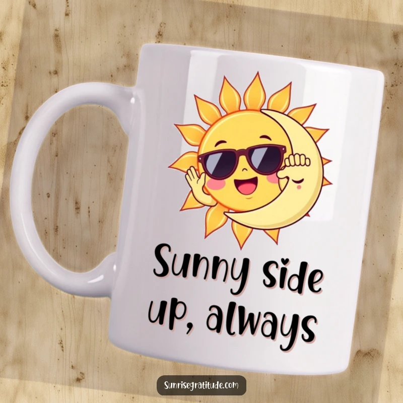 Funny cheerful sun wearing sunglasses high-fiving a sleepy moon, a humorous celestial interaction on a mug.