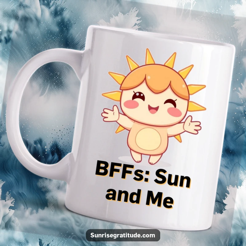 Funny mug showcasing a happy character holding hands with radiant sunbeams, embodying pure joy and positivity.