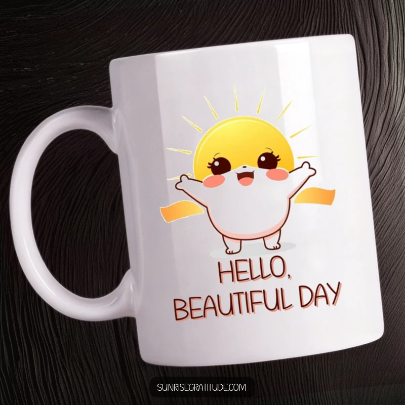 Funny Sunrise Joy Mug: Cheerful character with wide eyes joyfully greeting a rising sun, a vibrant funny gift.