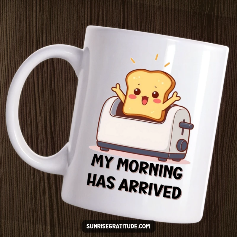 Funny mug showing a shocked piece of toast dramatically jumping out of a toaster with a divine light beam, a breakfast surprise.