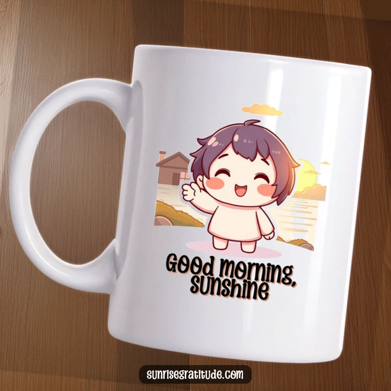 Funny Farewell Sun Mug: Smiling character waving to a warm, setting sun, conveying peace and a funny gift.
