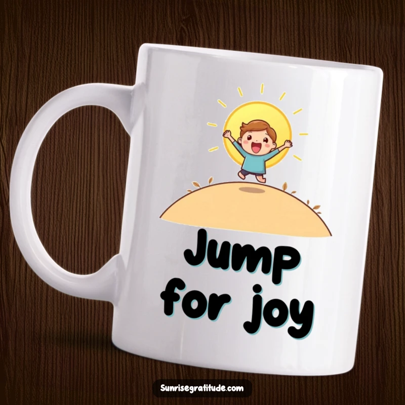 Funny mug featuring a playful character leaping with joy as the sun rises over a hill.