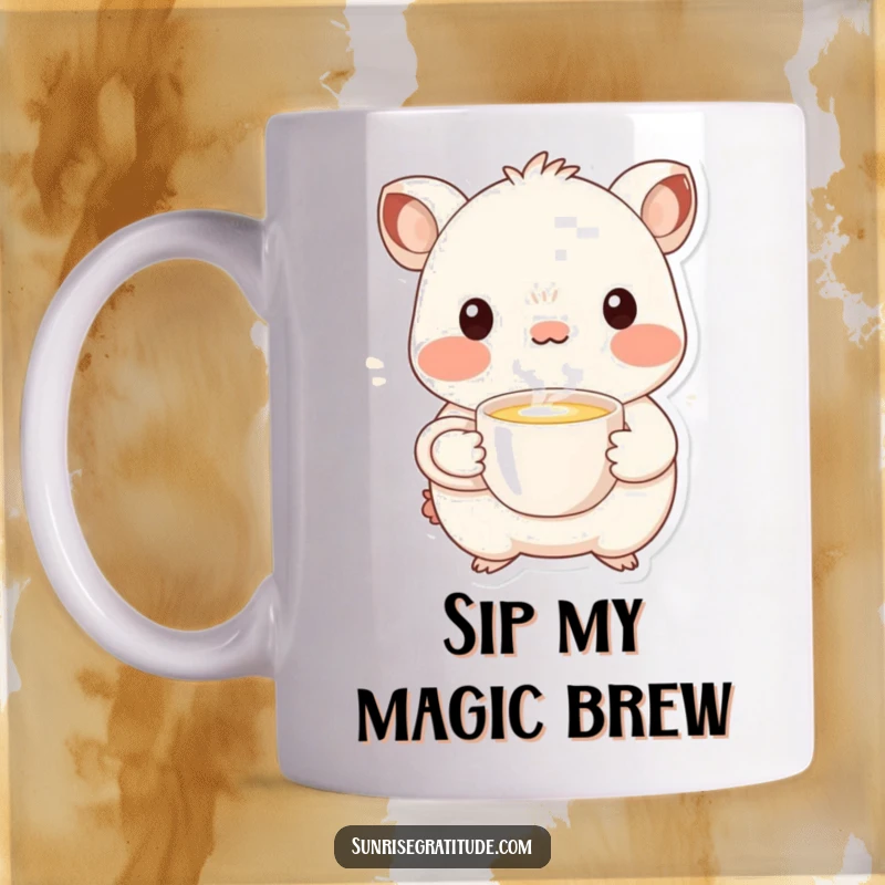 Funny whimsical creature mug smiling and offering a cup of steaming liquid, perfect for comfort humor.