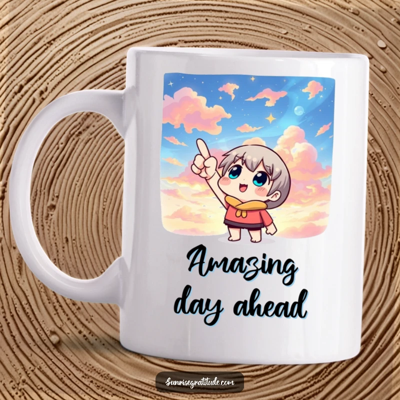Artistic mug depicting a character with a look of awe, pointing upwards towards a vast, vibrant, and colorful sky, celebrating wonder.