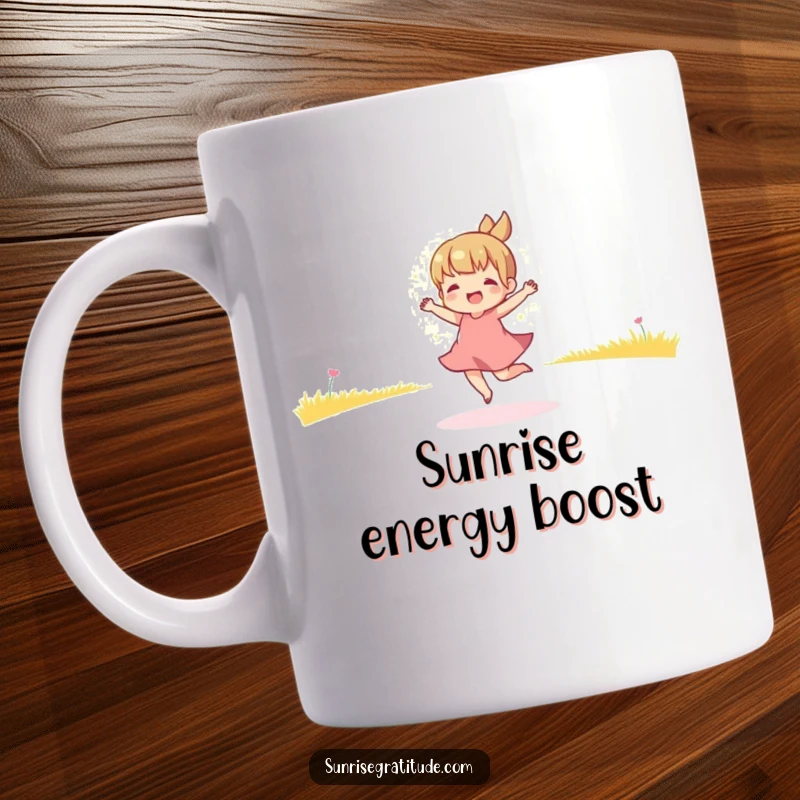 Funny mug featuring a playful character dancing joyfully in the warm, golden light of early morning, radiating happiness and energy.