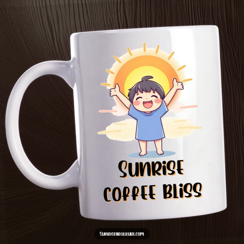 Funny mug with a joyful character stretching their arms wide towards a vast and colorful sunrise, full of enthusiasm.