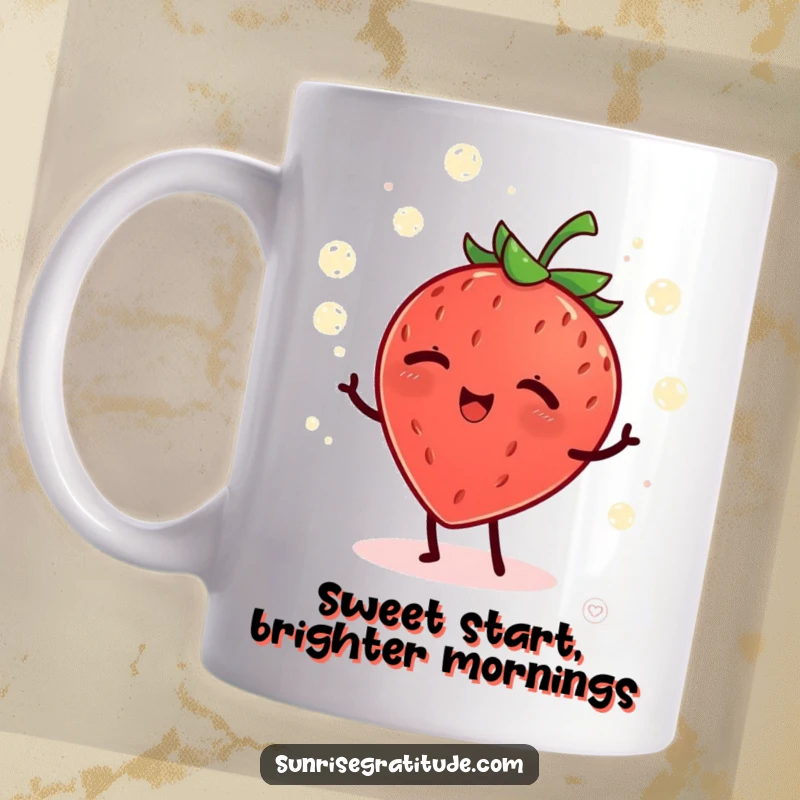 Funny giggling strawberry juggling glowing dew drops at dawn, a cheerful morning scene on a mug.