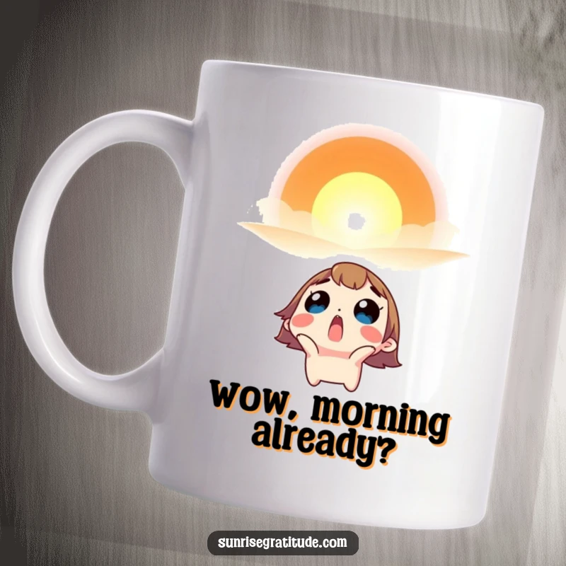 Funny mug featuring a surprised character looking up in awe at a vibrant sunrise.
