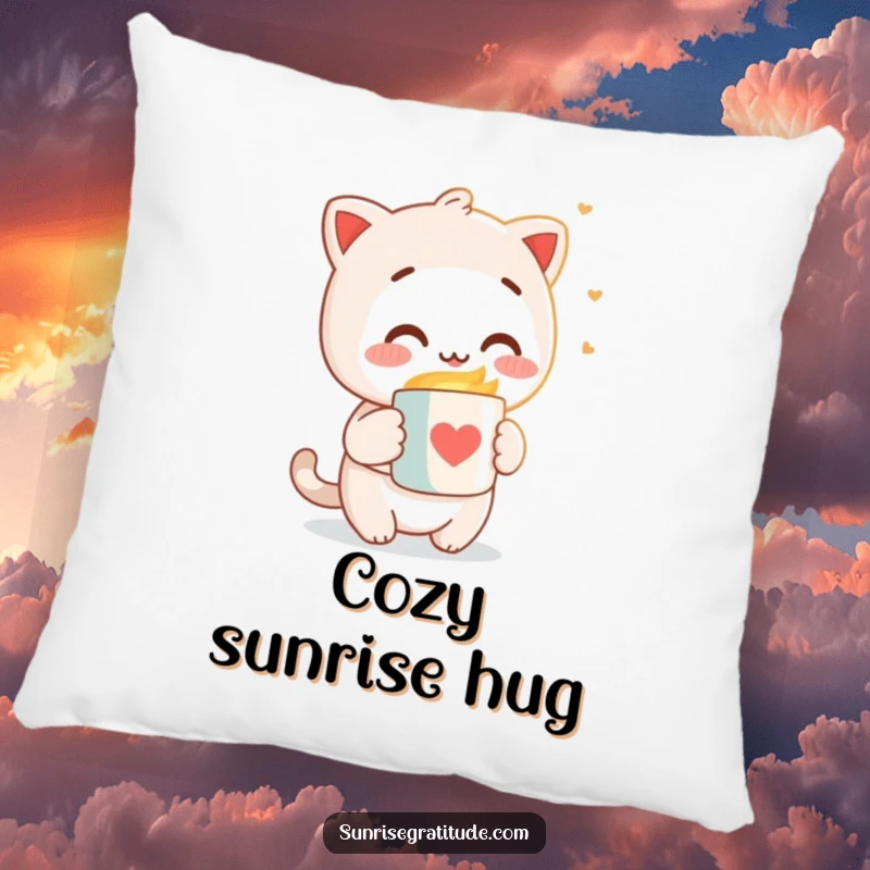 Funny pillow featuring a delighted character offering a steaming mug to the soft morning light, embodying cozy contentment.