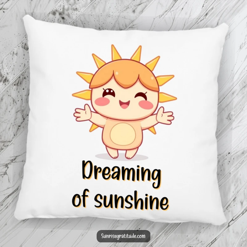 Funny pillow featuring a happy character holding hands with sunbeams, providing comfort and a burst of happiness.