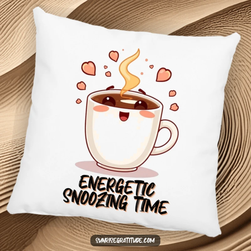 Funny pillow with an enthusiastic coffee cup character steaming with the vibrant energy of a new day, for ultimate comfort.