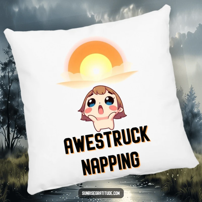 Funny pillow with a surprised character looking up in awe at a vibrant sunrise.