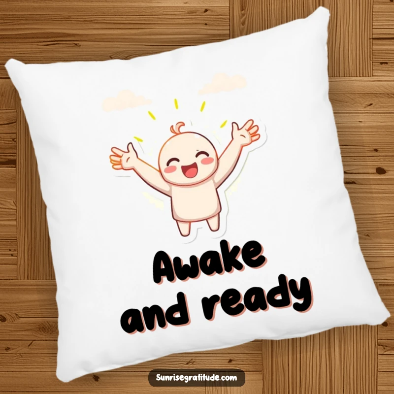 Funny pillow, character with open arms embracing the dawn, soft comfort, welcoming new day, promoting relaxation, lovely funny gift.