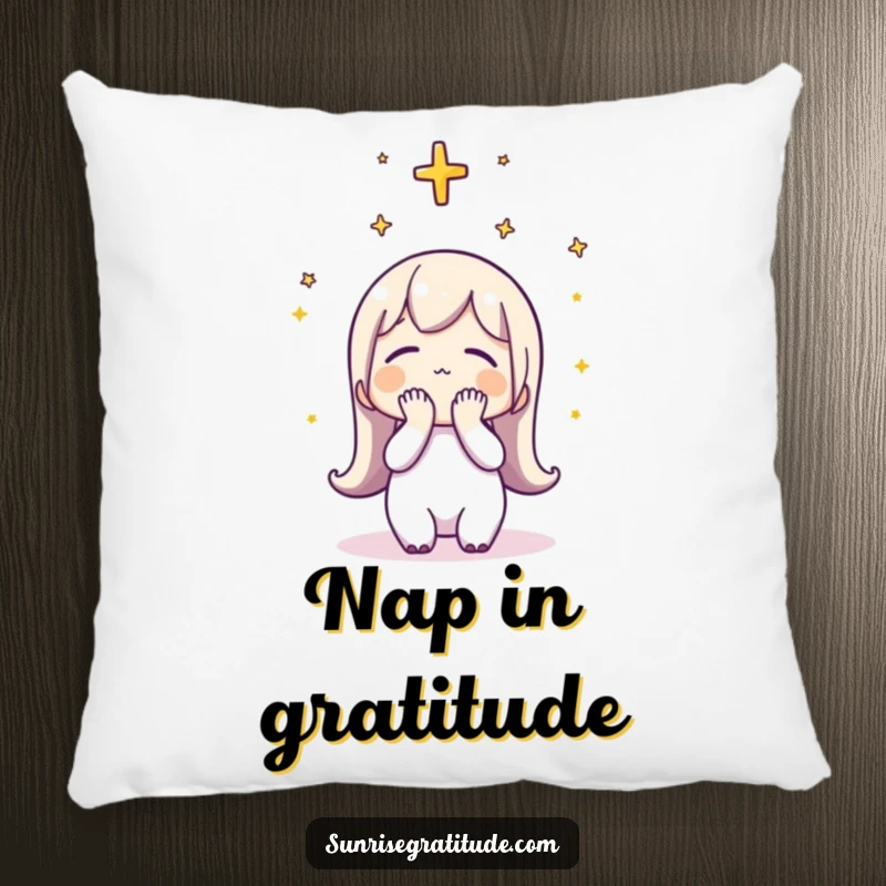 Funny Pillow: A character in a peaceful pose of thankfulness, bowing its head to the sunrise sky.