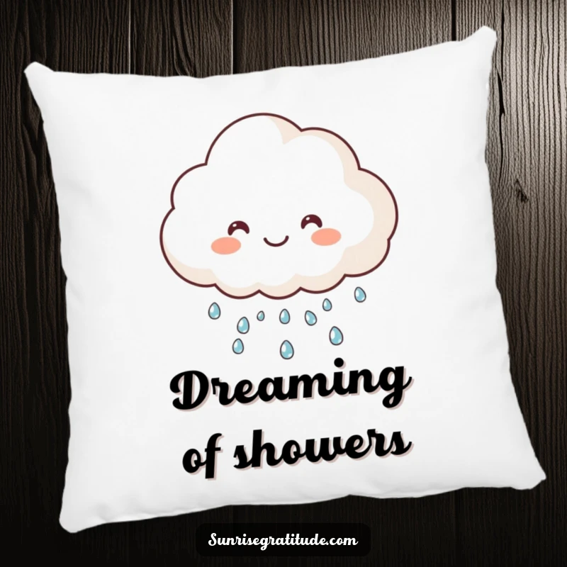 Funny happy cloud pillow, raining sparkling dew, offering comfort and adorable charm. A humorous home decor item.