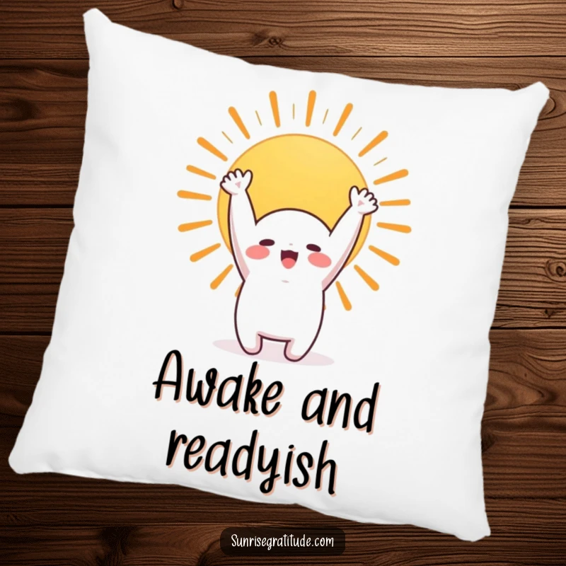 Funny pillow with a cute character stretching towards a sunrise, perfect for adding comfort and humor to any space.