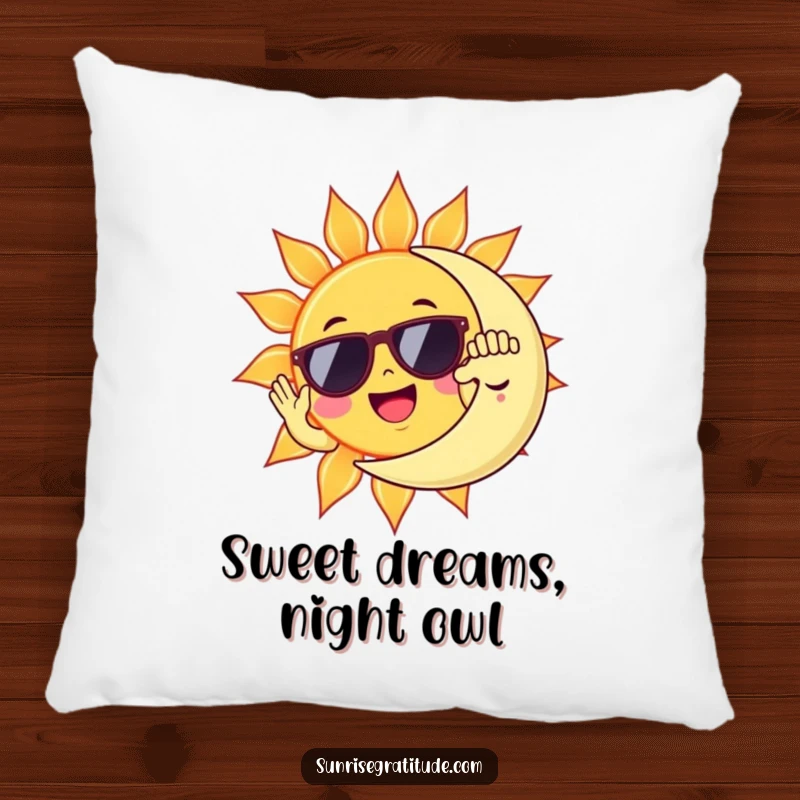 Funny cheerful sun wearing sunglasses high-fiving a sleepy moon, a soft and humorous decorative pillow.