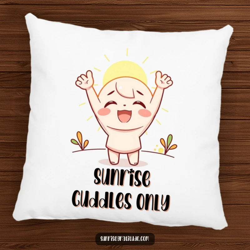 Funny Pillow: A character radiating joy and cheerfulness as the first morning sunbeams appear, offering cozy comfort.