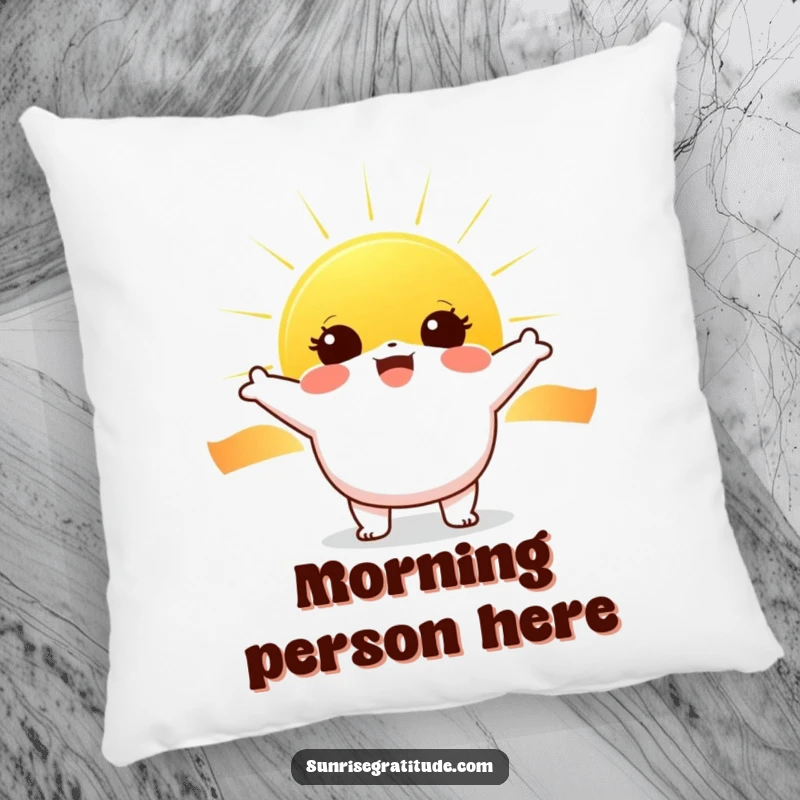Funny Sunrise Hug Pillow: Soft pillow with a cheerful character greeting a rising sun, a humorous and comfy funny gift.