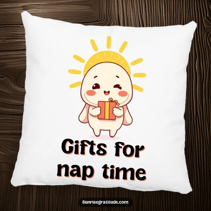 Funny pillow with a cheerful character offering a gift to the morning sun, promoting kindness and comfort.