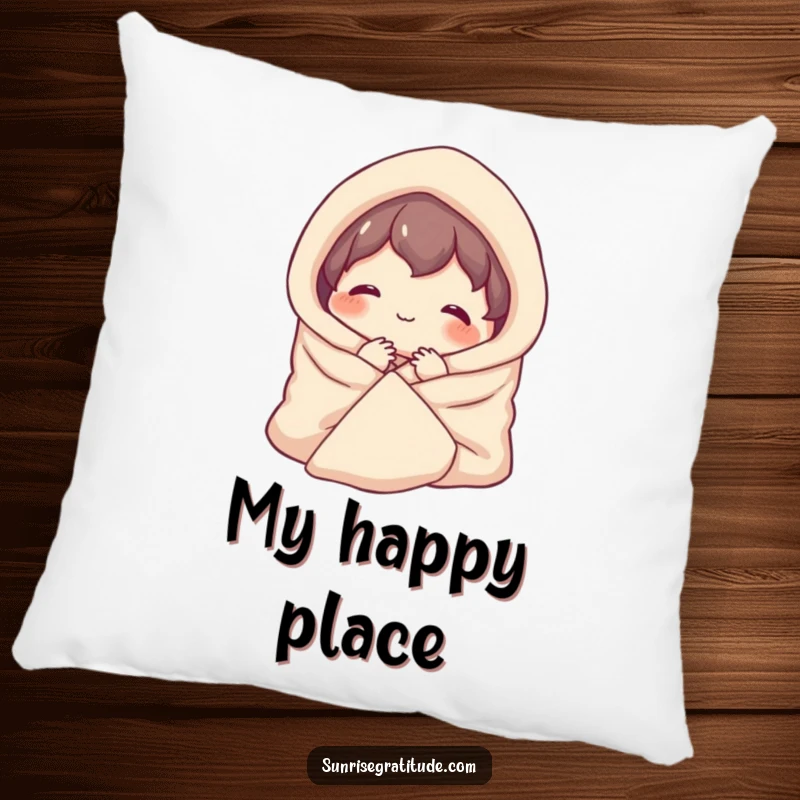 Funny pillow with a character blissfully wrapped in a cozy blanket, smiling contentedly at the dawn.