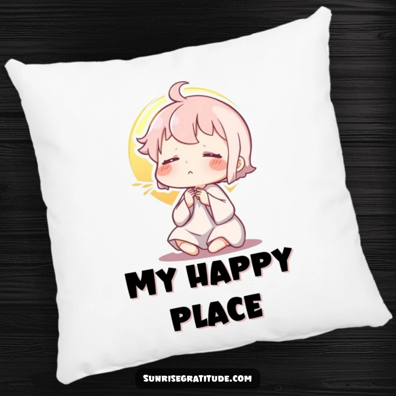 Funny pillow, character exhaling at sunrise, soft comfort, zen relaxation, peaceful sleeping, delightful funny gift.