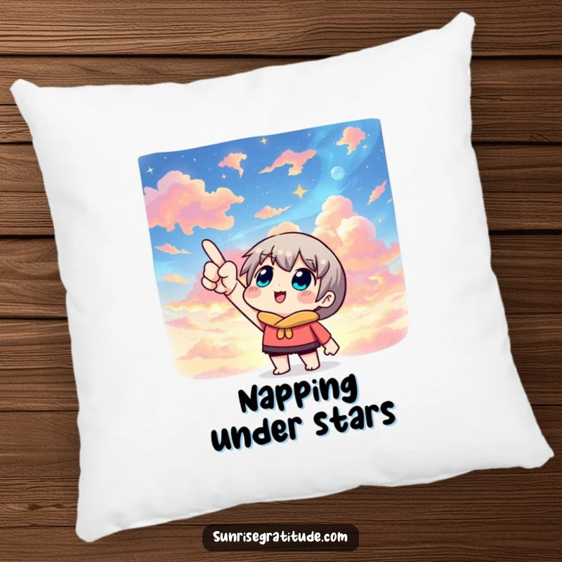 Artistic pillow depicting a character pointing upwards at a vibrant, colorful sky, offering comfort and a sense of celestial beauty.
