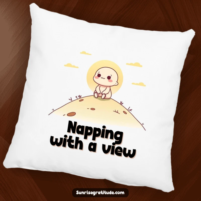 Funny pillow featuring a serene character sitting peacefully on a hill, gazing at the gentle colors of the waking dawn.