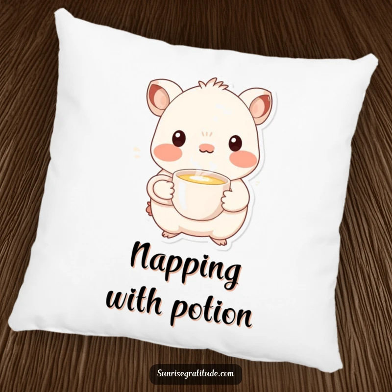 Funny whimsical creature pillow offering a steaming cup, perfect for cozy comfort and smiles.