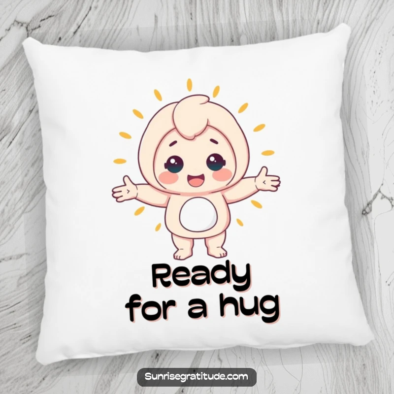 Funny pillow showcasing a happy character with arms wide open, embracing the dawn of a new day, bringing funny comfort.