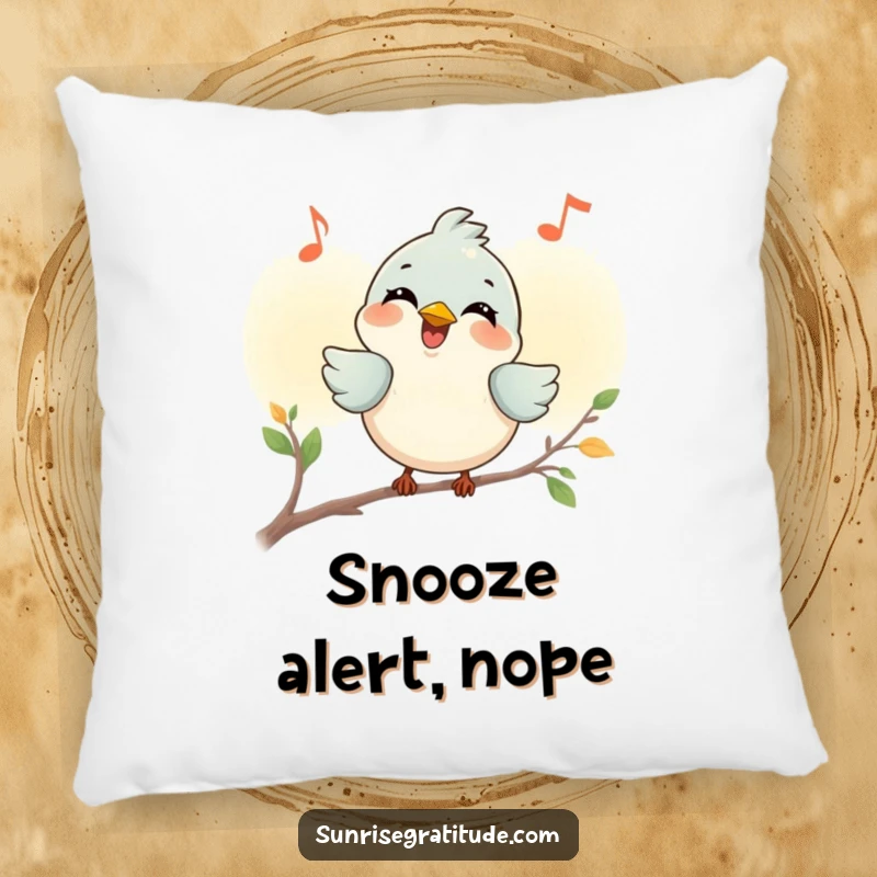 Funny smiling bird pillow, chirping a joyful tune at dawn, offering plush comfort and morning cheer. A humorous decor item.