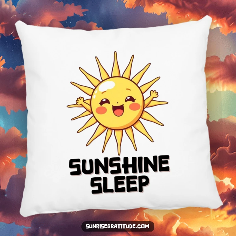 Funny sun pillow with a cheerful sun character stretching its rays wide, perfect for adding comfort and warmth.