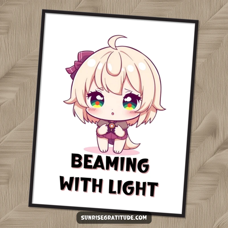 Funny digital art print, character with sparkling eyes reflecting sunrise colors, dazzling wall art, vibrant morning light, stunning funny gift.