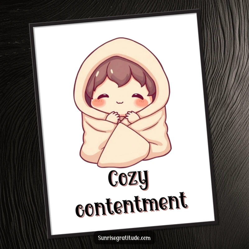 Funny digital art print of a contented character smiling, wrapped in a cozy blanket, welcoming the morning.