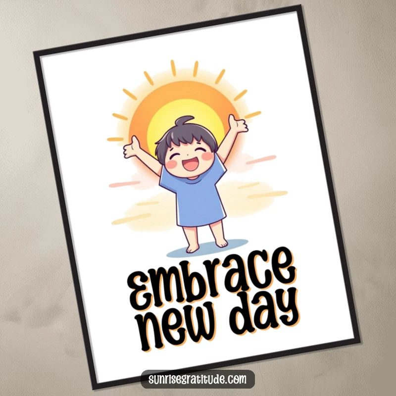 Funny digital art print of a joyful character stretching towards a colorful sunrise, embodying hope and delight.