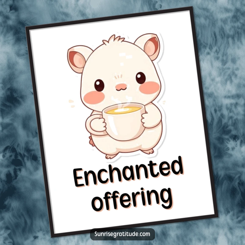 Funny whimsical creature digital art print offering a steaming cup, perfect for warm humorous decor.