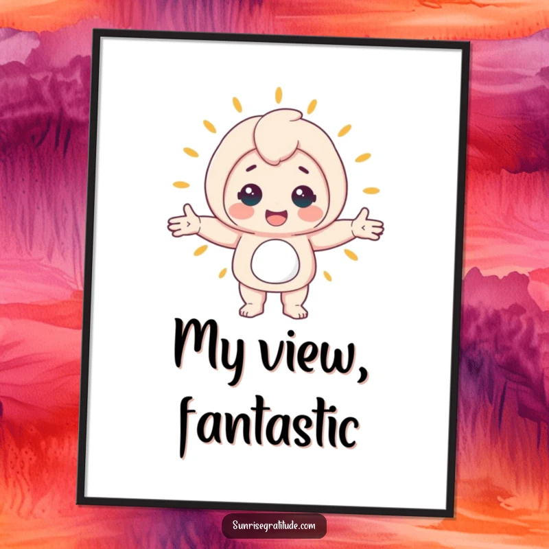 Funny digital art depicting a cheerful character with arms outstretched, embracing the vibrant, awakening world, symbolizing optimism and joy.