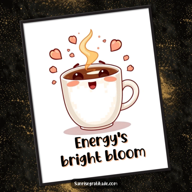 Funny digital art print of an enthusiastic coffee cup steaming with the energy of a new day, instant decor.