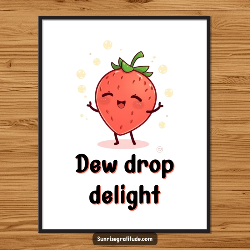 Funny giggling strawberry juggling dew drops at dawn, humorous digital art for cheerful decor.