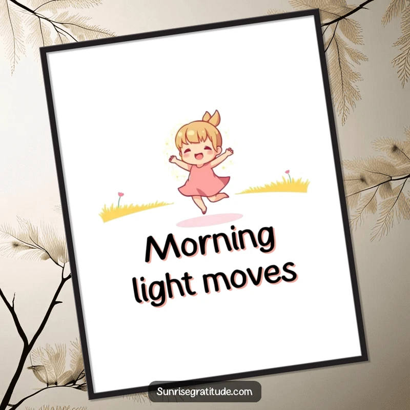 Funny digital art print of a playful character dancing in the golden light of early morning, capturing pure joy and energetic movement.