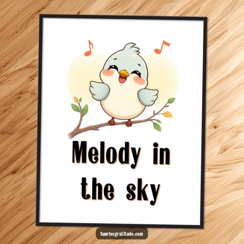 Funny smiling bird digital art print, singing a joyful tune at dawn, bringing vibrant morning cheer. A humorous and downloadable decoration.