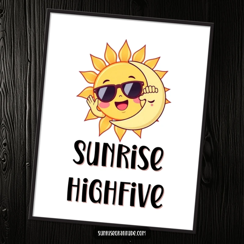 Funny sun in sunglasses high-fiving sleepy moon, humorous digital art for cheerful decor.