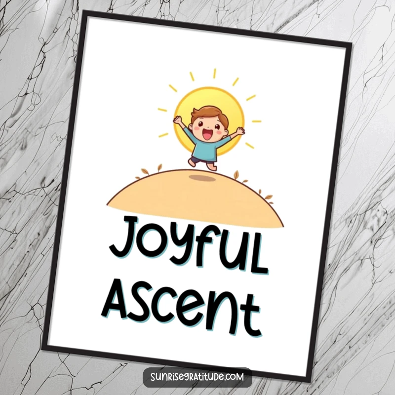 Funny digital art print of a playful character joyfully leaping as the sun rises over a hill.