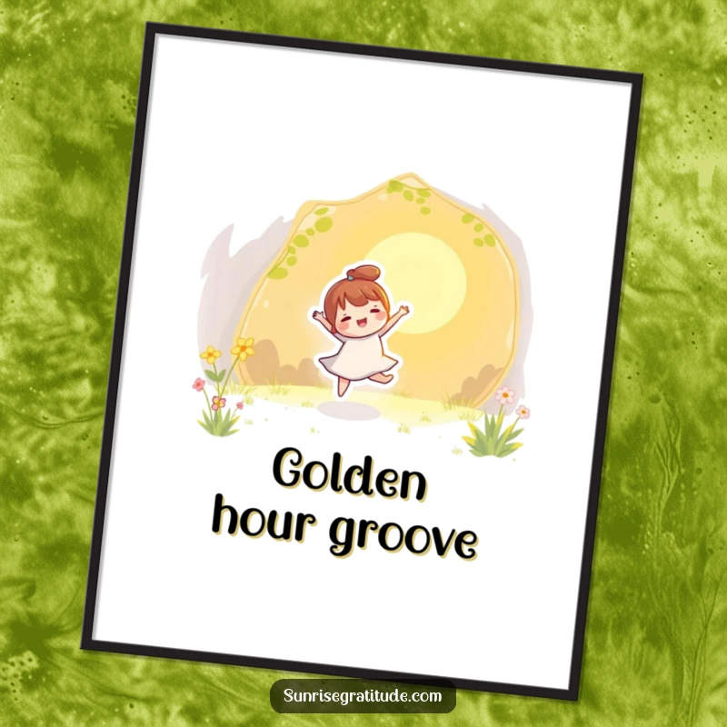 Funny digital art print of a character energetically and playfully dancing with the initial golden rays of sunlight.