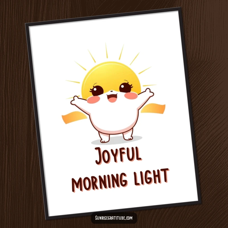 Funny Sunrise Cheer Digital Print: Cheerful character with wide eyes greeting a rising sun, bringing instant joy and humor.