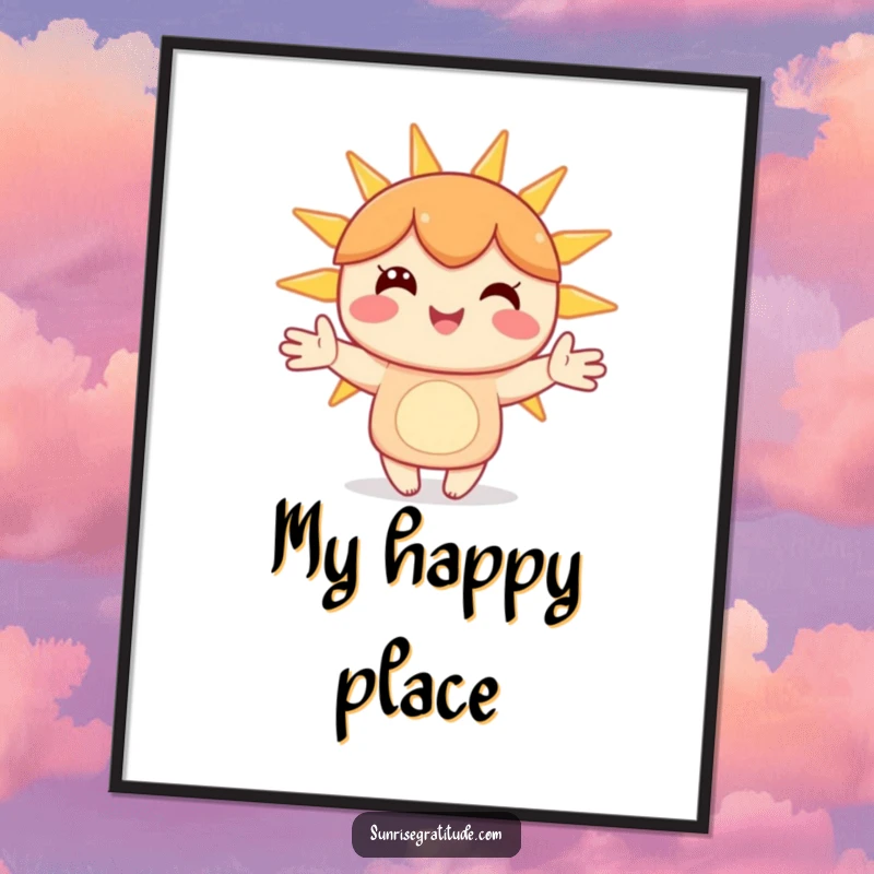 Funny digital art print of a happy character holding hands with stylized sunbeams, symbolizing joy and warmth.