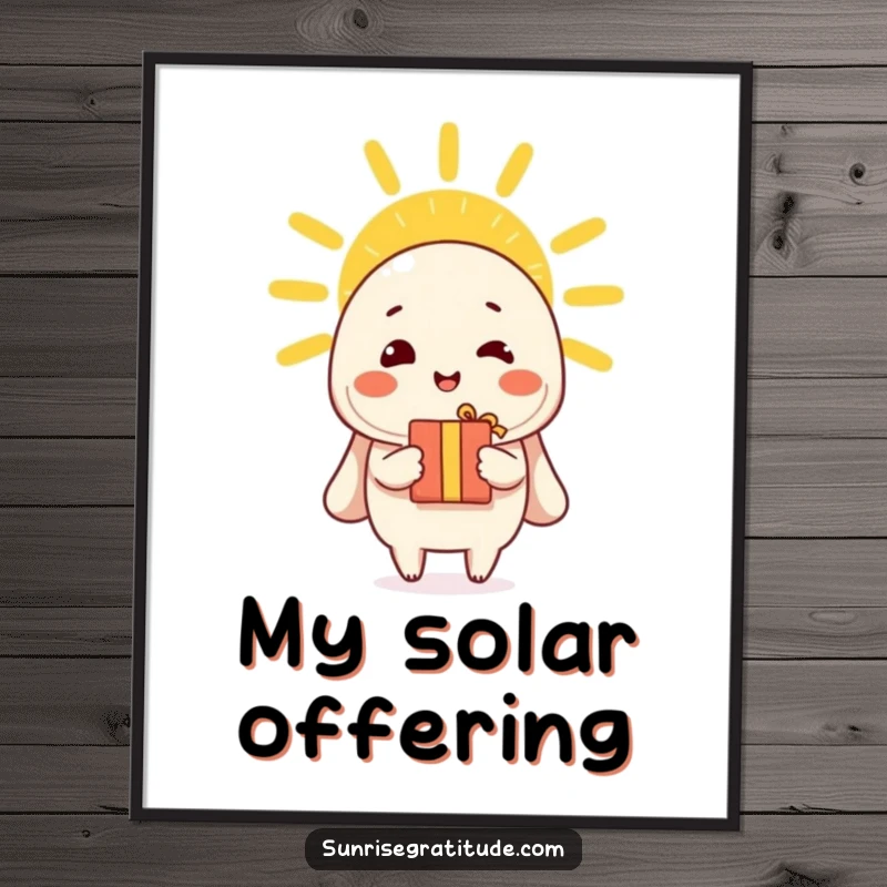 Funny digital art print of a cheerful character offering a gift to a bright morning sun, symbolizing generosity.